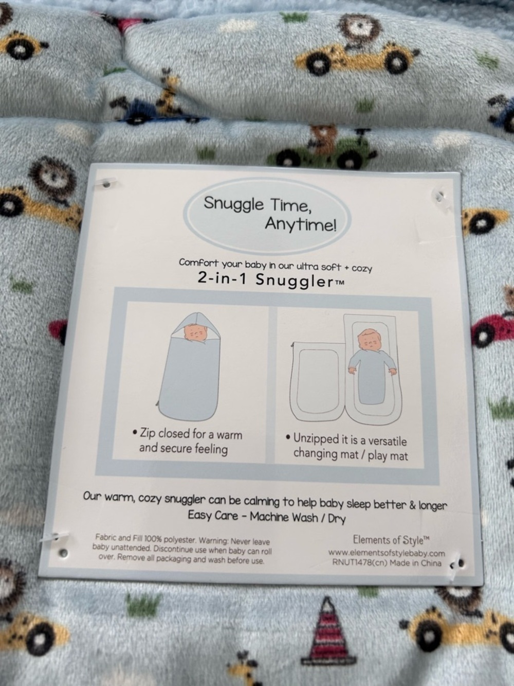 NWT Snuggle Time 2-in-1 Baby Snuggler - Light Blue with Car & Animal Print - Picture 3 of 4